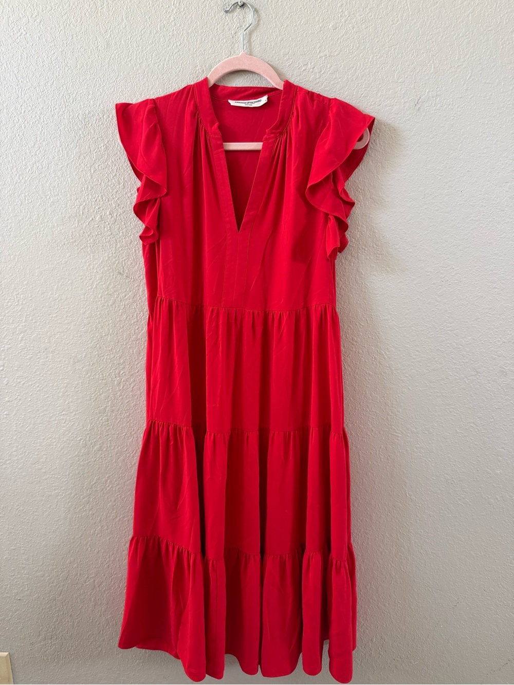 Amanda Uprichard Women's Red Ruffle Sleeve Tiered Midi Dress